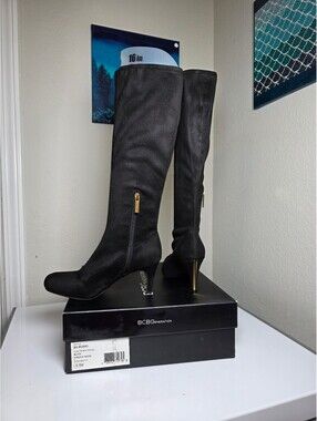 BCBGeneration Black Suede Gold Zipper Gold Kitten Heel Knee High Boots Size 6.5M
